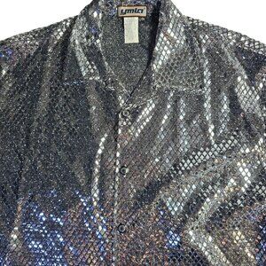 YMLA Vintage Metallic Silver Mosaic Short Sleeve Shirt, Men's Medium